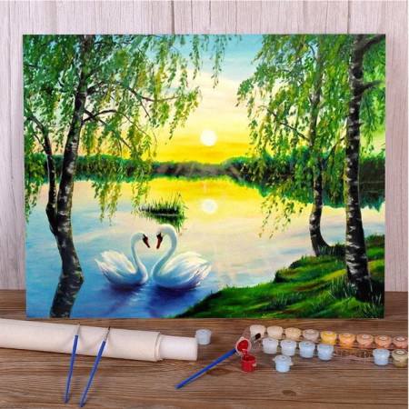 Painting by Numbers Landscape | Sunset on Lake with Swans in Love