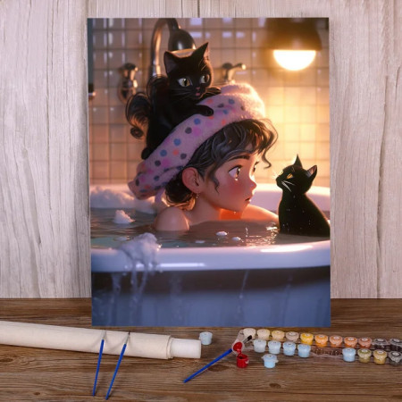 Painting by Numbers Young Girl Black Cats Bubble Bath Cozy Atmosphere