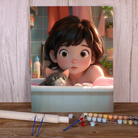 Painting by Numbers Little Girl Cat Bubble Bath Complicit Moment