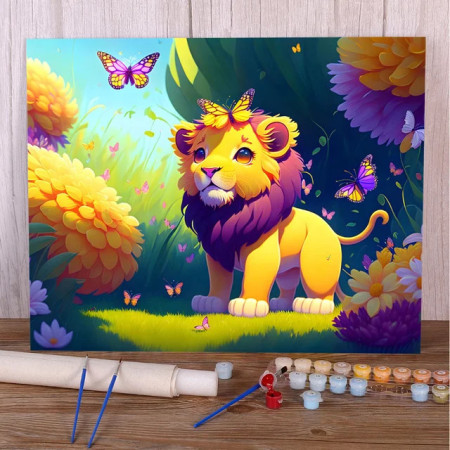 Painting by Numbers Cute Lion Butterflies Flower Meadow Fantasy Naive