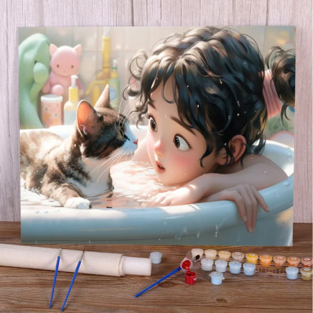 Little girl in the bath with her cat - Intimate and sweet scene