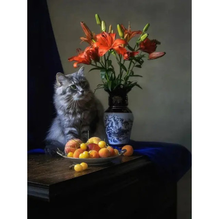 Paint by Number Cat and Orange Lilies on Vintage Background