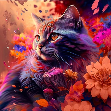 Paint by Number Cosmic Flowery Cat - Mesmerizing Feline Painting