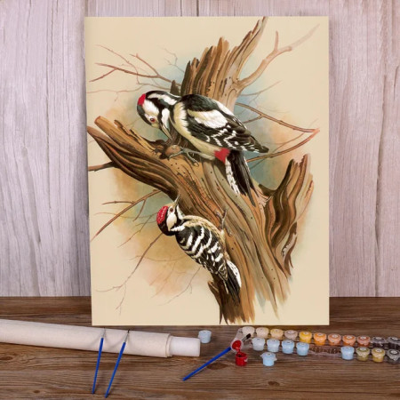 Paint by Numbers Woodpeckers Climbing on Forest Trunk