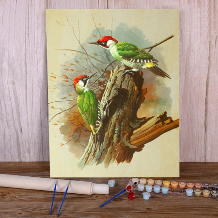 Paint by Numbers Birds - Green Woodpeckers on Mossy Trunk