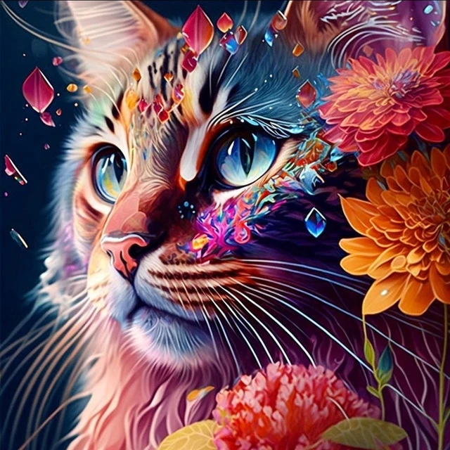 Paint by Number Cat Colorful Flowers