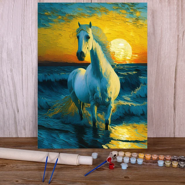 Painting by Numbers White Horse Waves Sunset