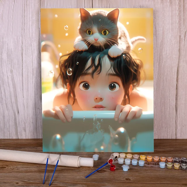 Paint by Number - Curious Little Girl and Her Cat Accomplice