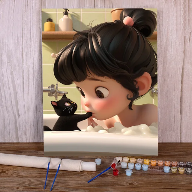 Paint by Numbers Brunette Girl Bathroom and Funny Black Cat