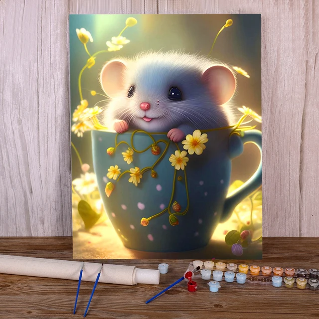 Painting by Numbers Cute Spring Rodent Small Animal in Bouquet Flowers