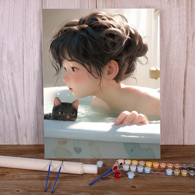 Paint by number child in bathtub with kitten