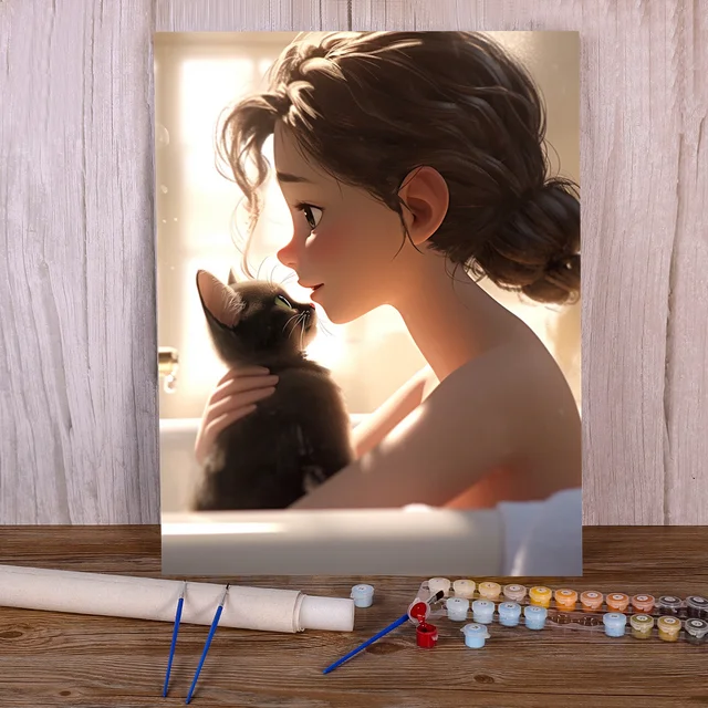 Painting by number girl with kitten sun light