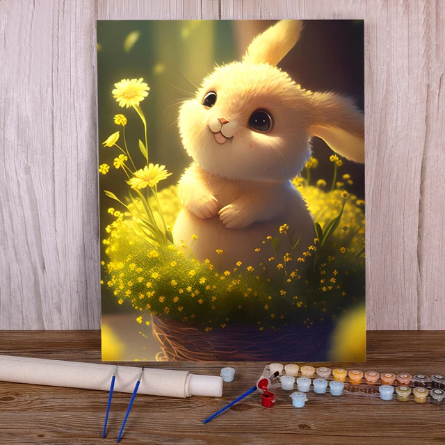 Paint by number spring rabbit in dandelion field