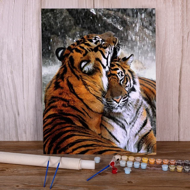 Painting Numbers Tigers Hugs Scene Family Tenderness Wild Animals