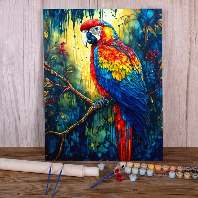 Paint by Numbers Multicolored Macaw in Tropical Rain