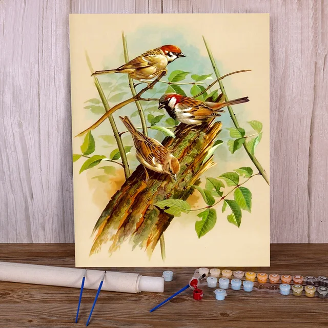 Paint by Numbers Birds - Perky Sparrows on Budding Branch