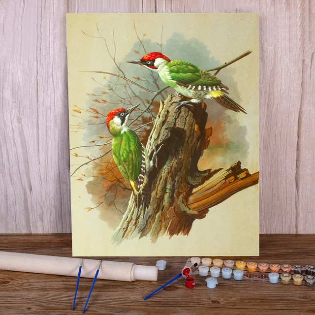 Paint by Numbers Birds - Green Woodpeckers on Mossy Trunk