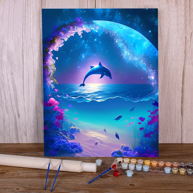 Paint by Numbers Dolphin Moon Starry Ocean Paradise
